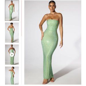Oh Polly Daleyza Embellished Strapless Evening Gown in Sage Green